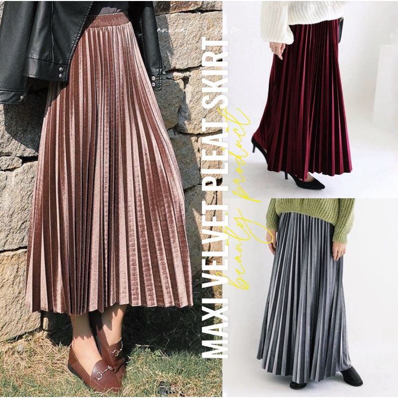 Velvet pleat maxi skirt กระโปรงพลีทยาว ผ้ากำมะหยี่ เอวสม็อก สีพื้น
