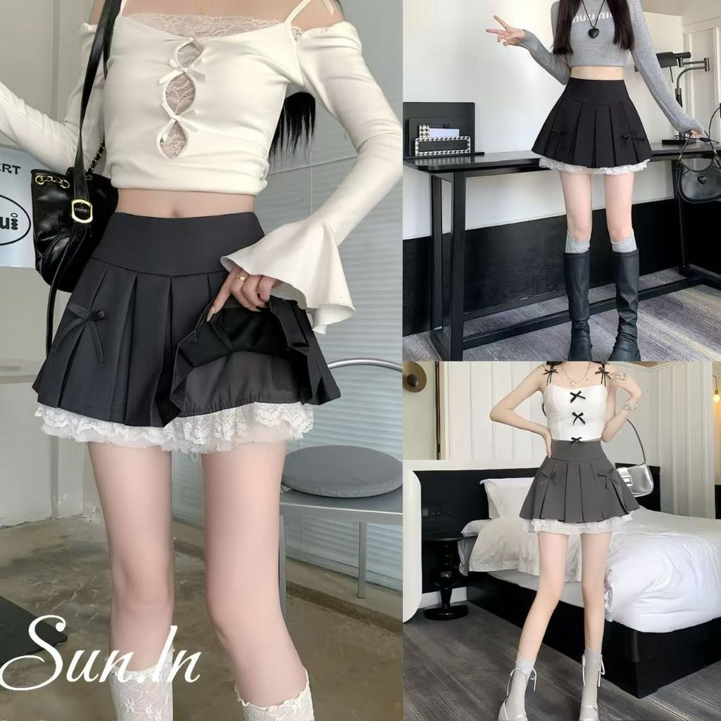 SUN พร้อมส่ง กระโปรงจีบขอบลูกไม้สไตล์ใหม่เอวสูงกระชับสัดส่วนกระโปรง jk กระโปรงสั้นทรงเอ