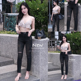 📌กางเกงยีนส์punny ทรงขาเดฟผ้ายืดเอวสูงแต่งขาดมีไซ S—เอว38จ้า…
