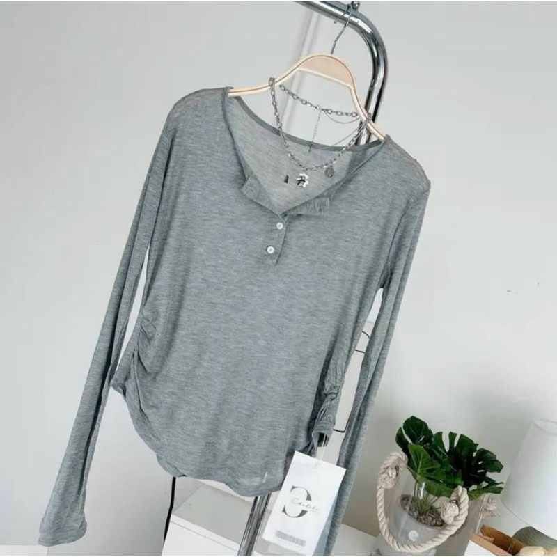 D038เสื้อยืดแขนยาวผ้าบางใส่สบายมีดึงเอว