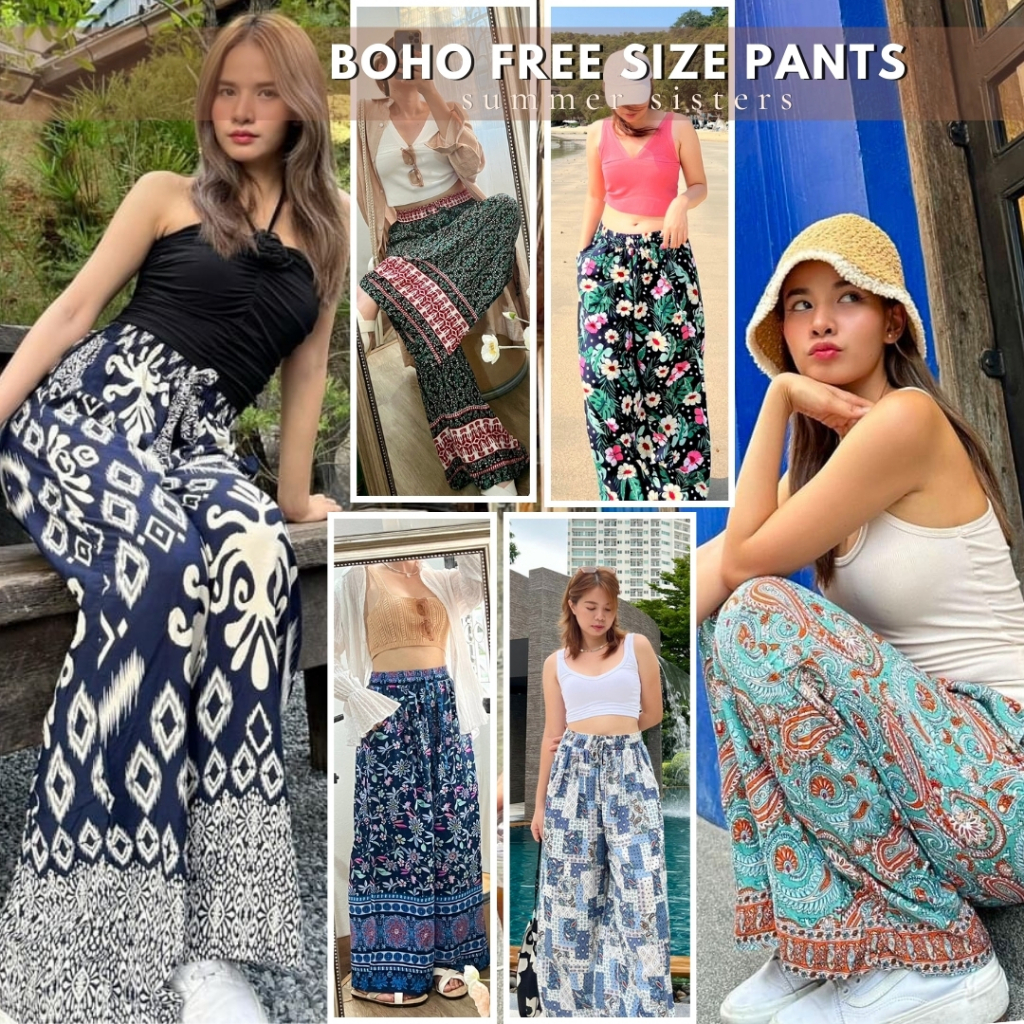 Boho free size pants - กางเกงเอวสูงฟรีไซส์ ผ้าเรยอนสปัน เนื้อนุ่มนิ่ม เอวรูดปรับได้ มีกระเป๋าทั้งสองข้าง