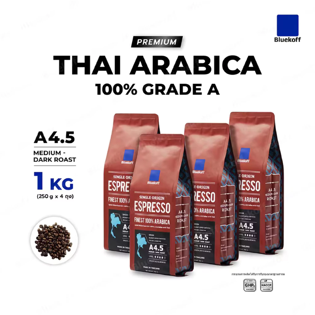 (1 กก.) Bluekoff A4.5 Medium-Dark Roast เมล็ดกาแฟไทย อราบิก้า 100% Premium เกรด A จำนวน 1 กิโลกรัม (250 กรัม x 4 ถุง)