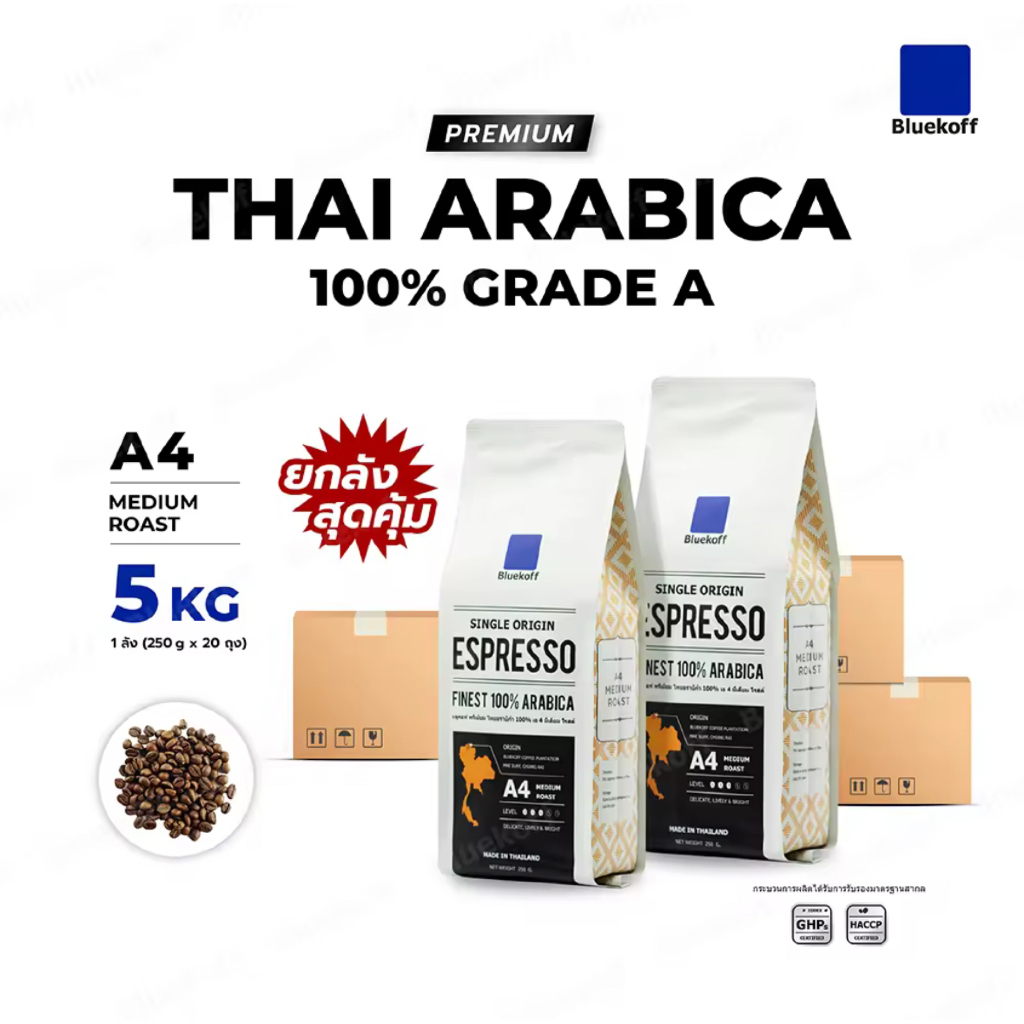 (5 กก.) Bluekoff A4 Medium Roast เมล็ดกาแฟไทย อราบิก้า 100% Premium เกรด A ยกลัง 5 กิโลกรัม (250 กรั