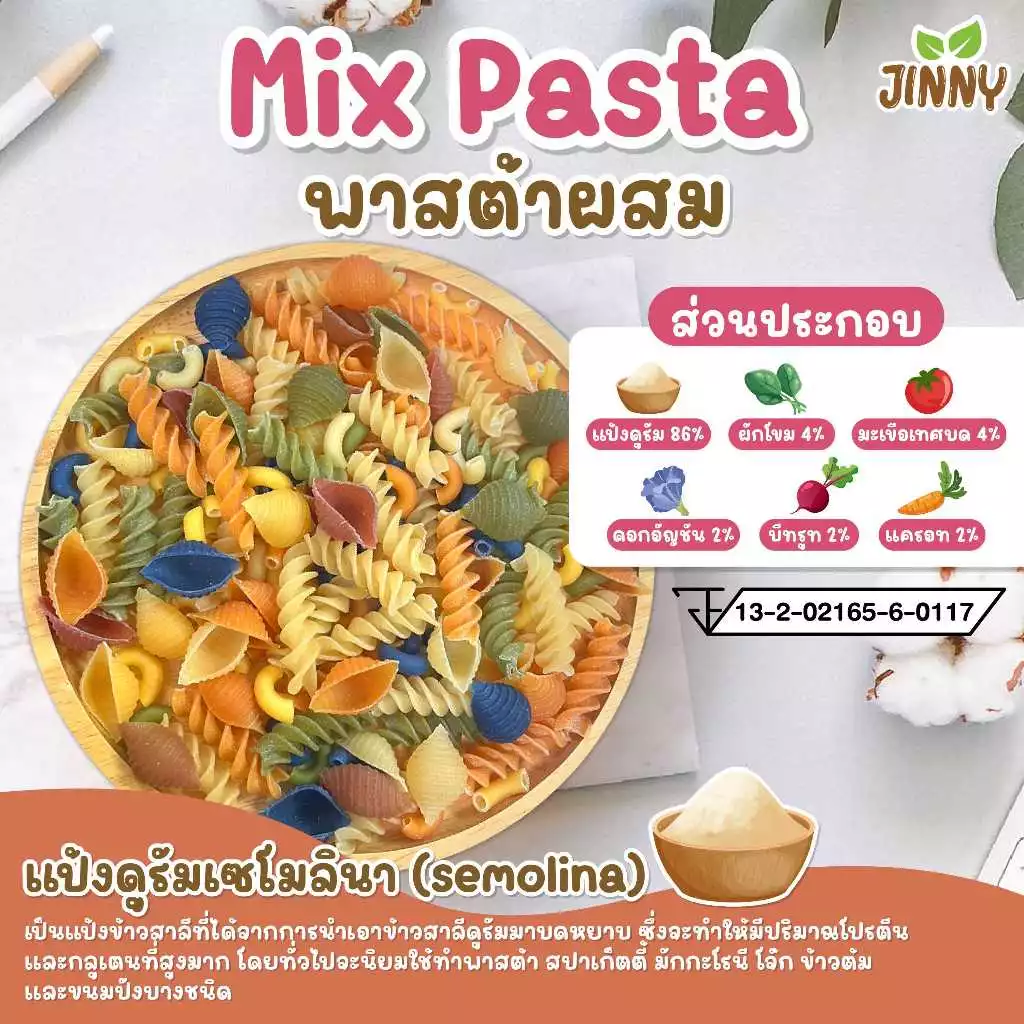JINNY เส้นพาสต้าผักแบบผสม Mix Pasta เส้นพาสต้าเด็ก อาหารเด็ก 8 เดือนขึ้นไป