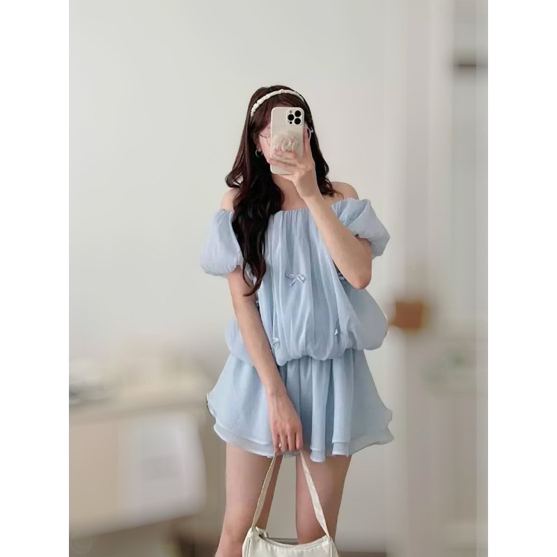 Blue Bow Beauty ชุดเซ็ต2ชิ้น เสื้อกับกางเกง แต่งโบว์ สุดคิ้วท์ งานฟรีไซส์S M L XL