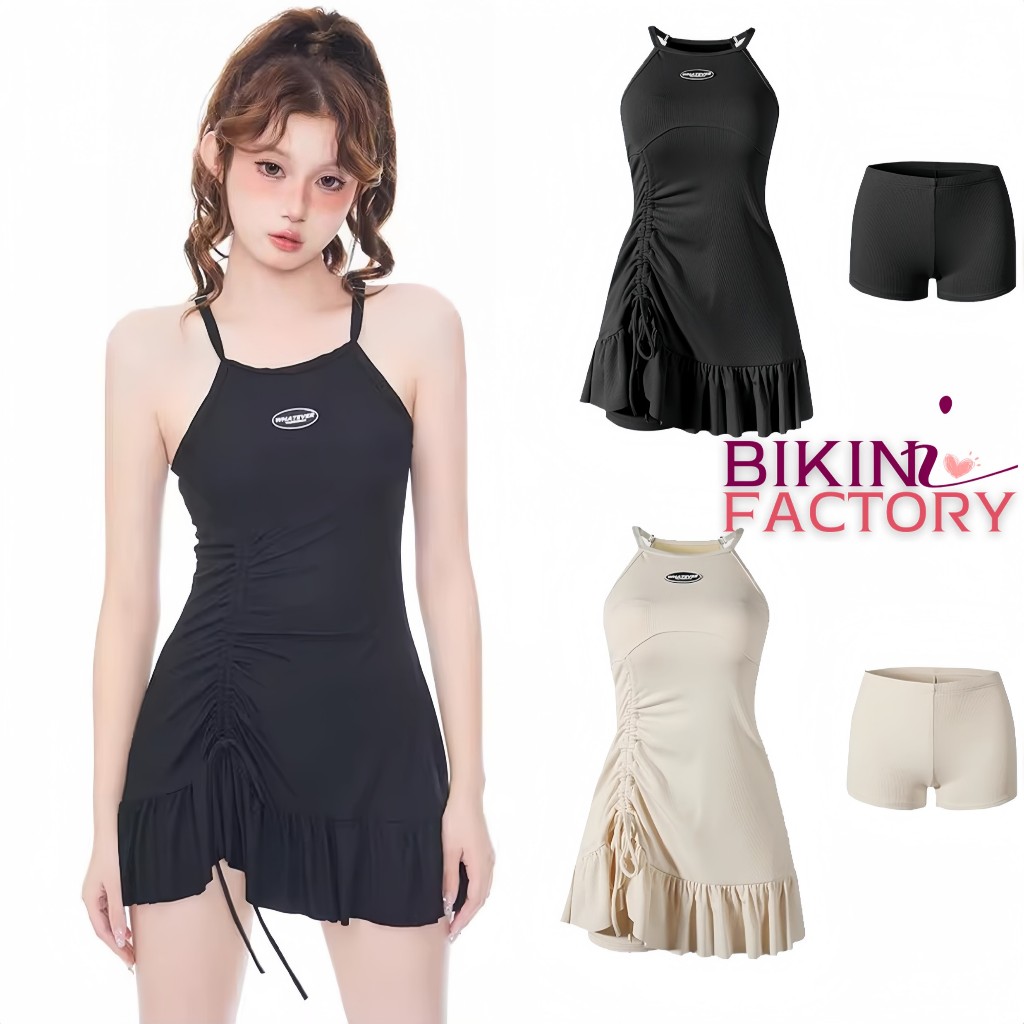 BIKINI FACTORY ชุดว่ายน้ำกระโปรง ชุดว่ายแฟชั่น ชุดว่ายน้ำสวยๆ แขนกุด กระโปรงสั้นรูดข้าง BK-165