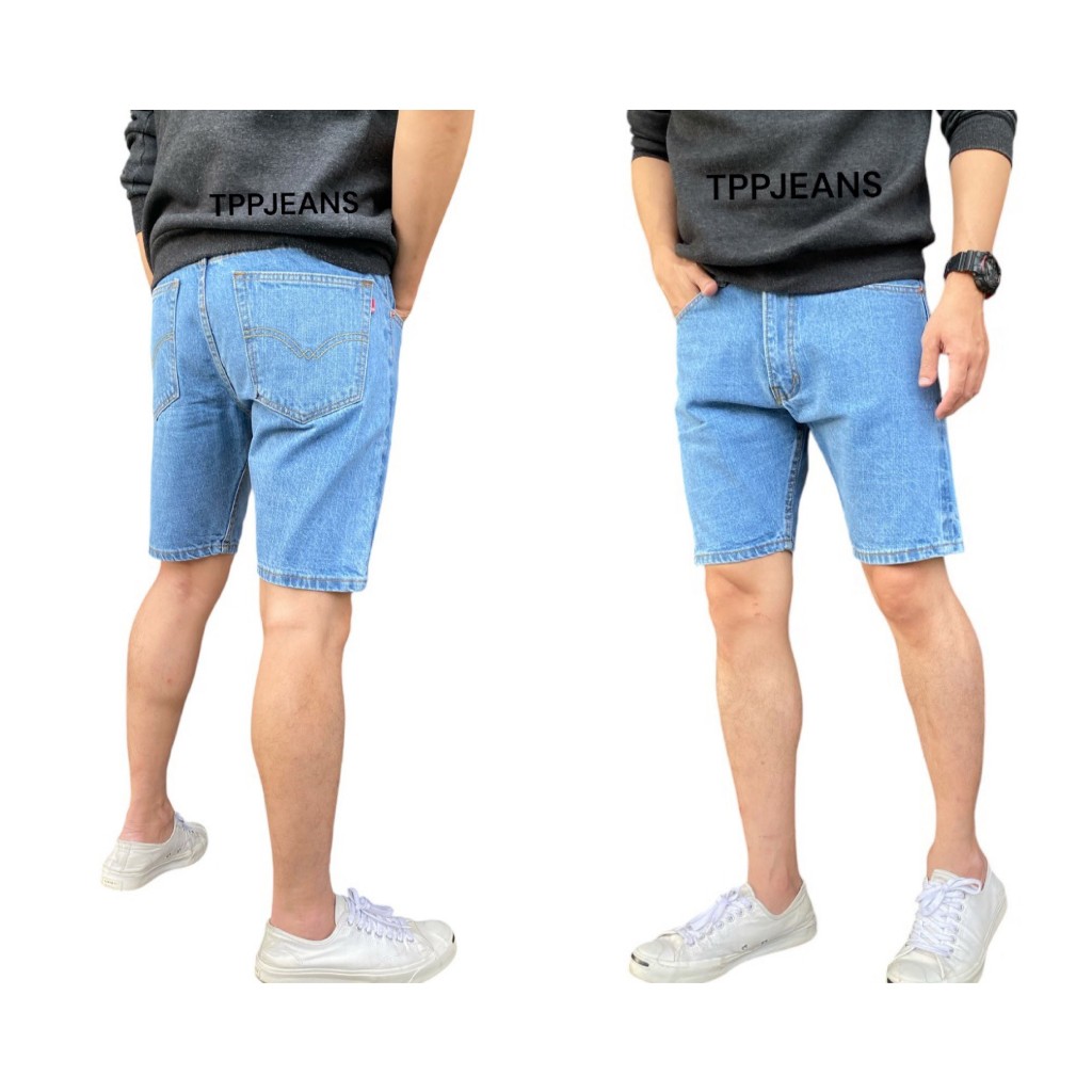 JEANSEXPRESS Men's Denim Selvedge กางเกงยีนส์ขาสั้นชายทรงเหนือเข่า สีบลูฟอกซีด ริมแดง เป้าซิป Sizee 28-38