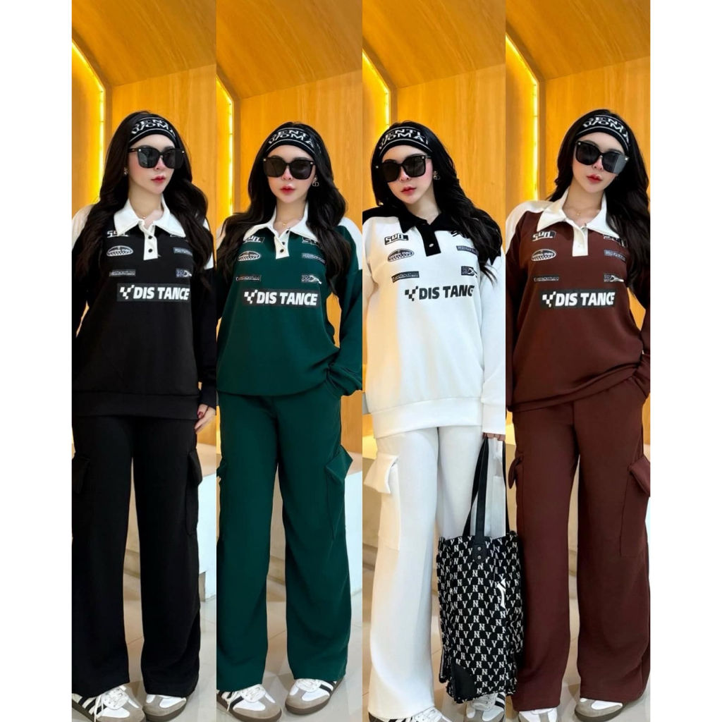 OT ชุดเซ็ต 2 ชิ้น ผ้าวูลเวฟ เสื้อคอปกแต่งกระดุมแขนยาว สกีนลาย Distance + กางเกงขายาวคาโก้ กระเป๋า 4 