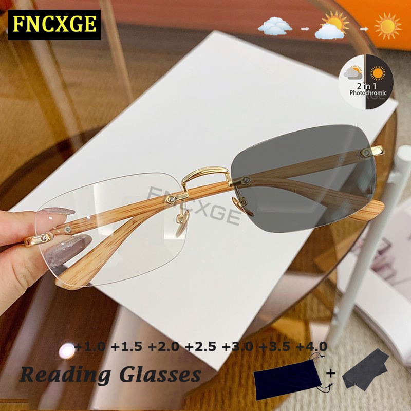 FNCXGE แว่นสายตายาว ออกแดดเปลี่ยนสี +100~400 ผู้ชาย ป้องกันรังสี ไร้ขอบ แว่นตา ผู้หญิง เลนส์เปลี่ยนสีได้ Unisex