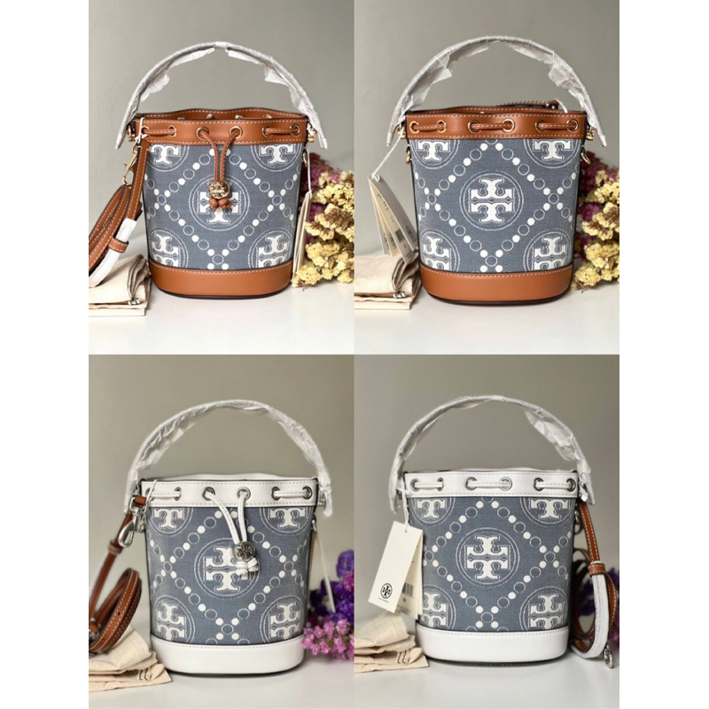 New Tory Burch Mini T Monogram Denim Bucket Bag