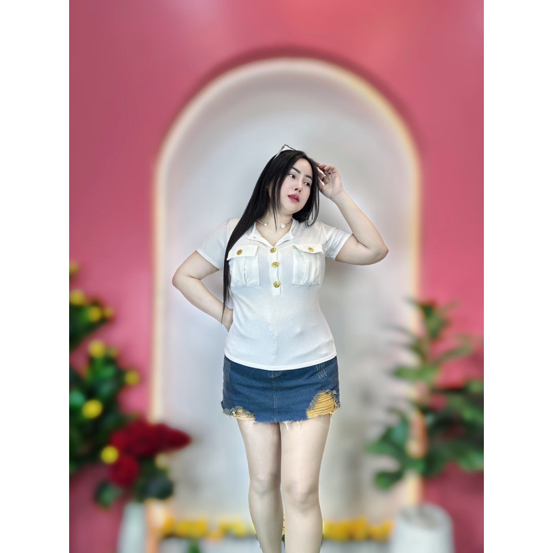 เสื้อผ้าสาวอวบ ขนาด 36-44 ยาว 23 * รุ่นกระดุมทองแขนสั้น•กระเป๋ากล่อง ราคา ถูกที่สุด ดีลบีเคเค แกลเลอรีภาพที่ 2