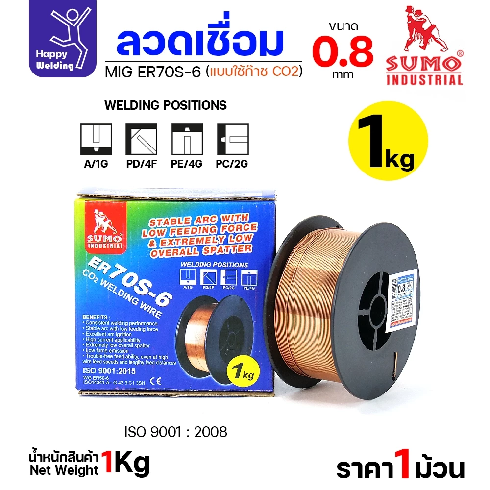 SUMO ลวดเชื่อม MIG CO2 ER70S-6 0.8mm (ม้วนละ 1โล แบบใช้แก๊ส)