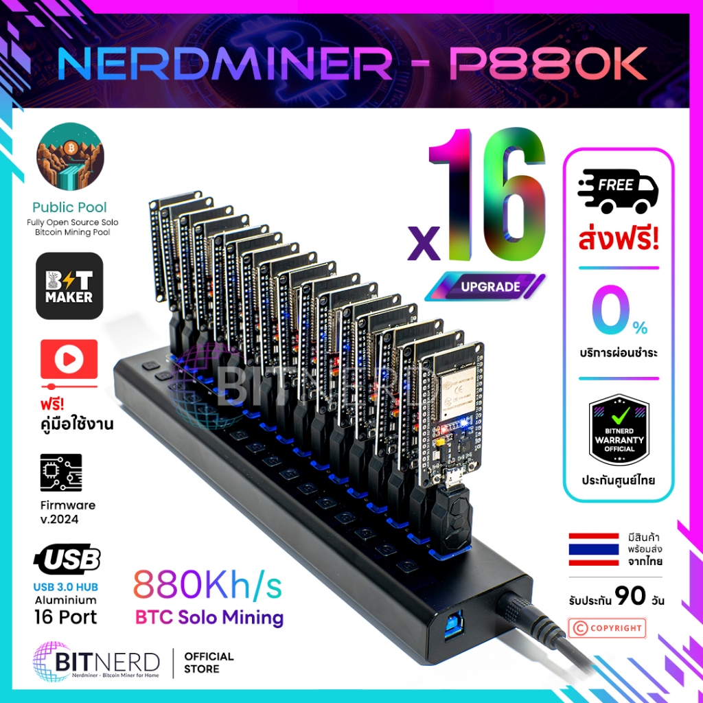 เครื่องขุดเหรียญ Solo Bitcoin การ์ด Nerdminer ESP32 พร้อม Hub Premium แรงขุด 275-880 KH/s ไม่มีเสียง