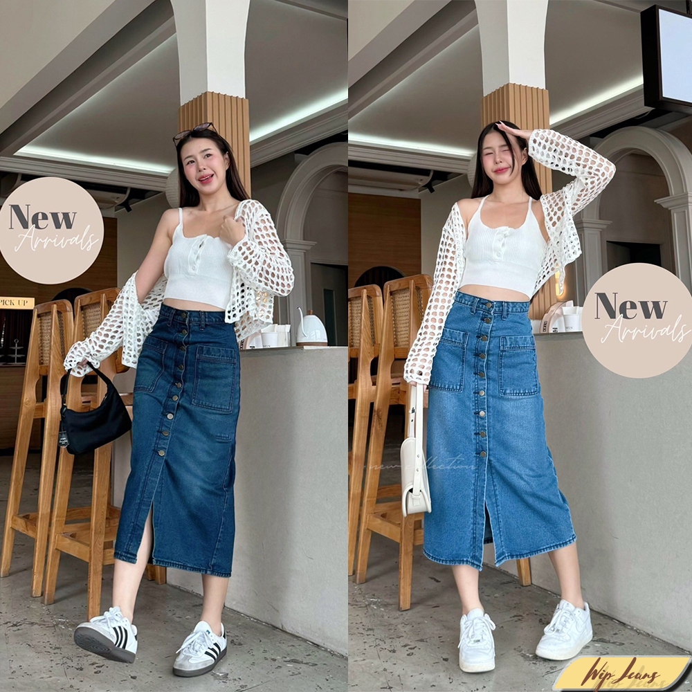 กระโปรงยีนส์กระดุมหน้ายาวเอวสูงมีไซส์ใหญ่Sถึง40นิ้ว