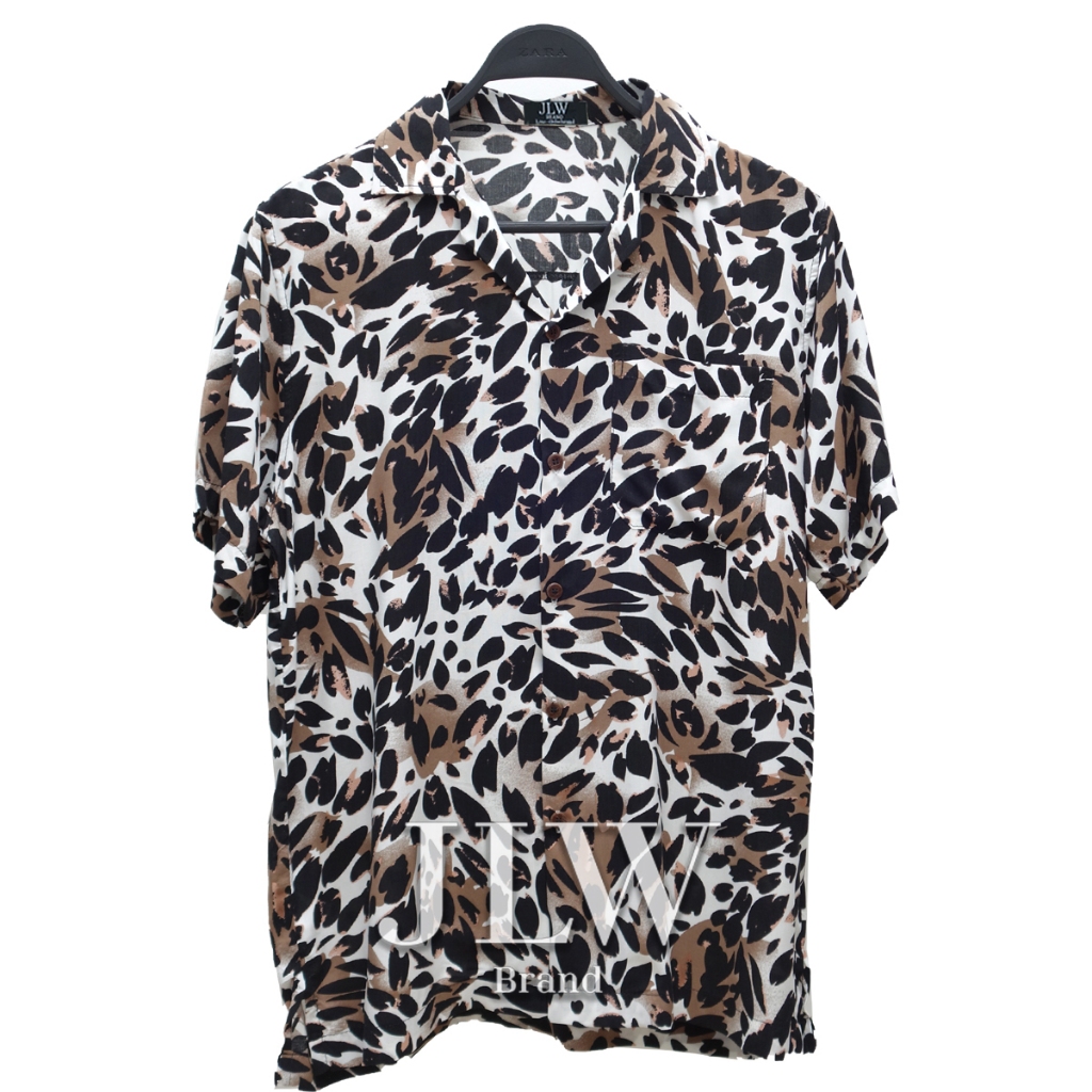 เสื้อฮาวาย ลายดอกลายเสือน้ำตาล ผ้านิ่ม M L XL Oversize คอฮาวาย JLW BRAND