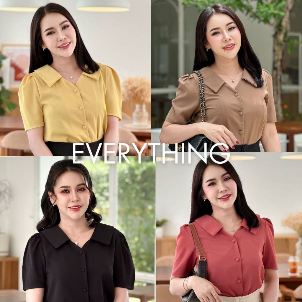 Everything2019 เสื้อทำงานผู้หญิงคอปก แขนสั้น กระดุมปั้ม สีพื้น ผ้าลื่น (6356)