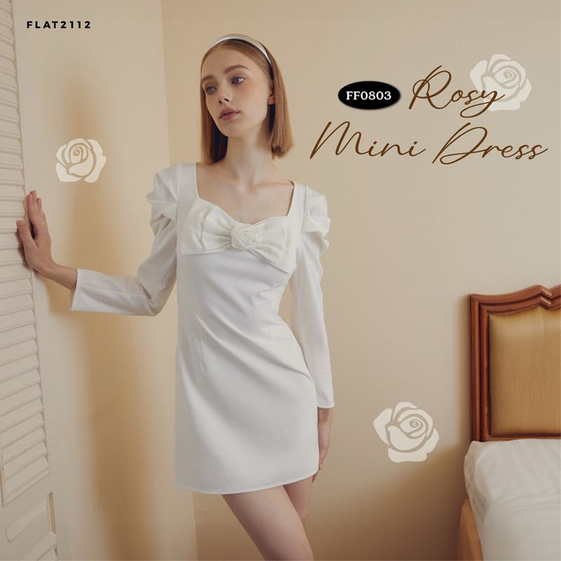 FLAT2112 FF0803 : ROSY MINI DRESS เดรสแขนยาว คอวี ชุดออกงานสีขาว แต่งโบว์
