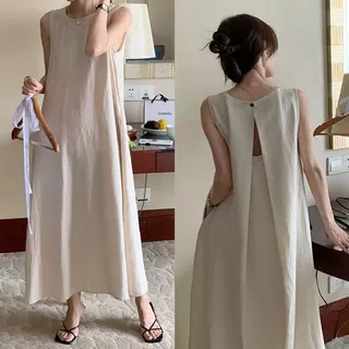 แม็กซี่เดรสทรงเอ คอกลมแขนกุด ดีเทลเว้าหลัง แต่งกระดุมตรงกลาง สีพื้นมินิมอล Dress คนท้องใส่ได้ สีดำ #9712
