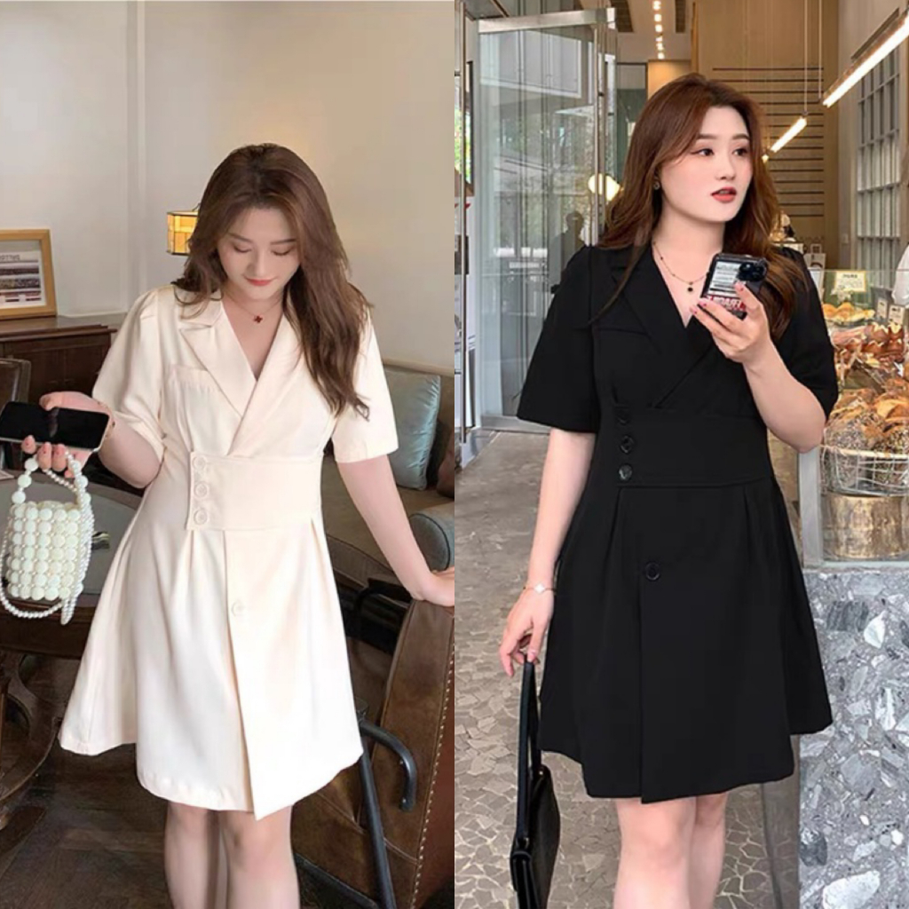 S-4XL เดรสสั้นทรงสูท ดีเทลกระดุมเก็บเอว พลัสไซส์ทรงสวย ใส่ออกงาน ใส่ทำงาน เดรสสาวอวบ พลัสไซซ์
