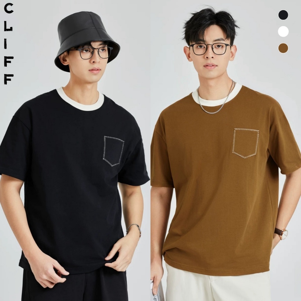 CLIFF เสื้อยืดผู้ชาย เสื้อคอกลม ชุดคู่รัก แขนสั้นผู้หญิง เย็บติดกัน กระเป๋า ลำลอง แมทช์ลุคง่าย