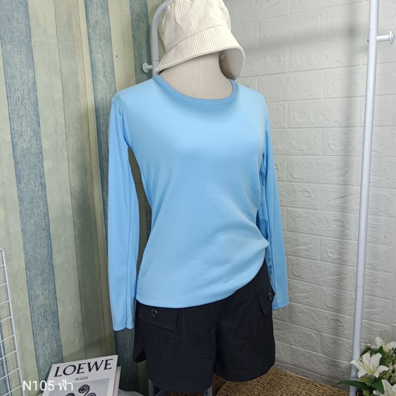 (N105) เสื้อยืดคอกลม แขนยาว สีพื้น ยาวเต็มตัว ผู้หญิง Lady Clothing Women Cotton Tshirt - รูปที่ 2