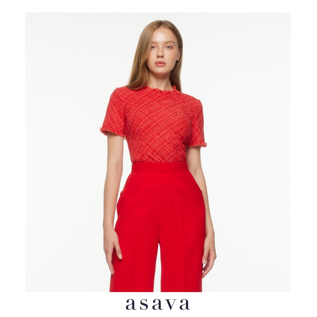 [asava aw23] Elinda Tweed Blouse เสื้อผู้หญิง แขนสั้น คอกลม แต่งดีเทลชายรุ่ย ซิปหลัง