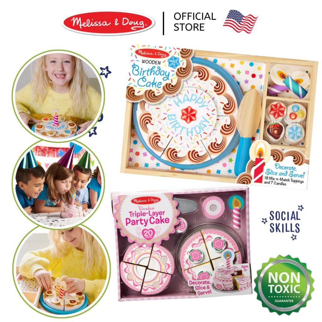 (ของแท้ USA) ของเล่นเค้ก ของเล่นทำอาหาร Wooden Birthday Cake & Party Cake Melissa Doug แต่งหน้าเค้ก
