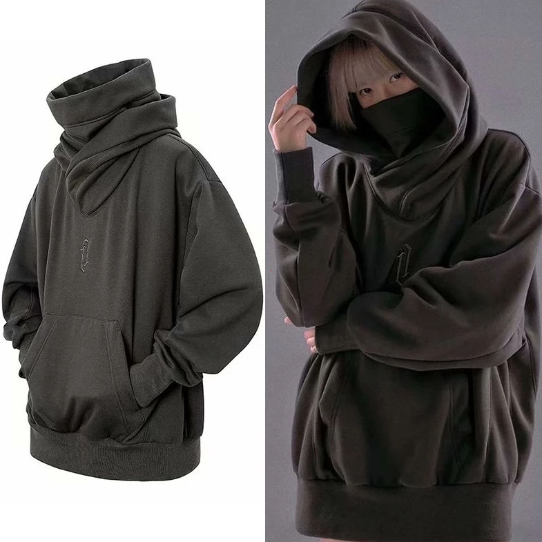 เสื้อกันหนาวแขนยาว คอสูง มีฮู้ด แบบสวมหัว ขนาดใหญ่ สไตล์เกาหลี ฮิปฮอป สําหรับผู้ชาย