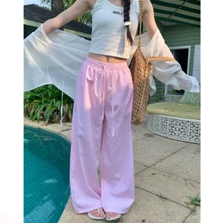 🥰กางเกงสตรีลายทาง กางเกงลำลอง กางเกงขายาวทรงหลวม ผ้าใส่สบาย มีเชือกผูกเอวสูง มี 3 สี