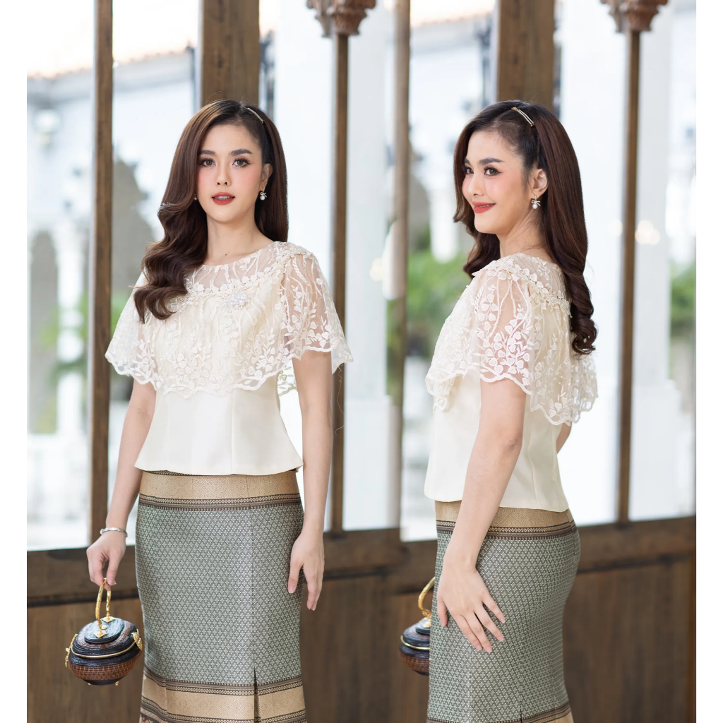 CHANIDA เสื้อผ้าไหม ตกแต่งลูกไม้ระบายรอบตัว ทรงสวย งานตรงปก งานคุณภาพ (รหัส 8-8344)