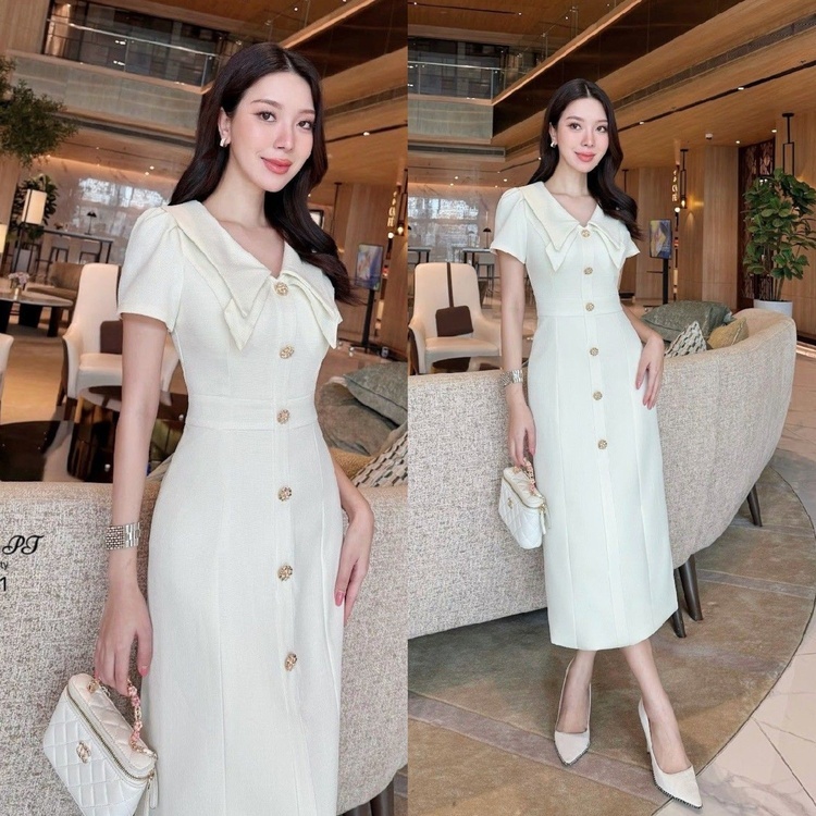 พร้อมส่ง Rattana เดรสยาวสีครีมทรงสวย เรียบหรู ใส่ออกงาน ทำบุญ กฐิน งานบวช งานแต่ง