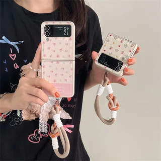 พร้อมส่งจากไทย ! เคสฟลิปหนังลายดอกไม้สุดหรู พร้อมสายคล้องมือ (2022) for Samsung Galaxy ZFlip7 Flip6 Flip5