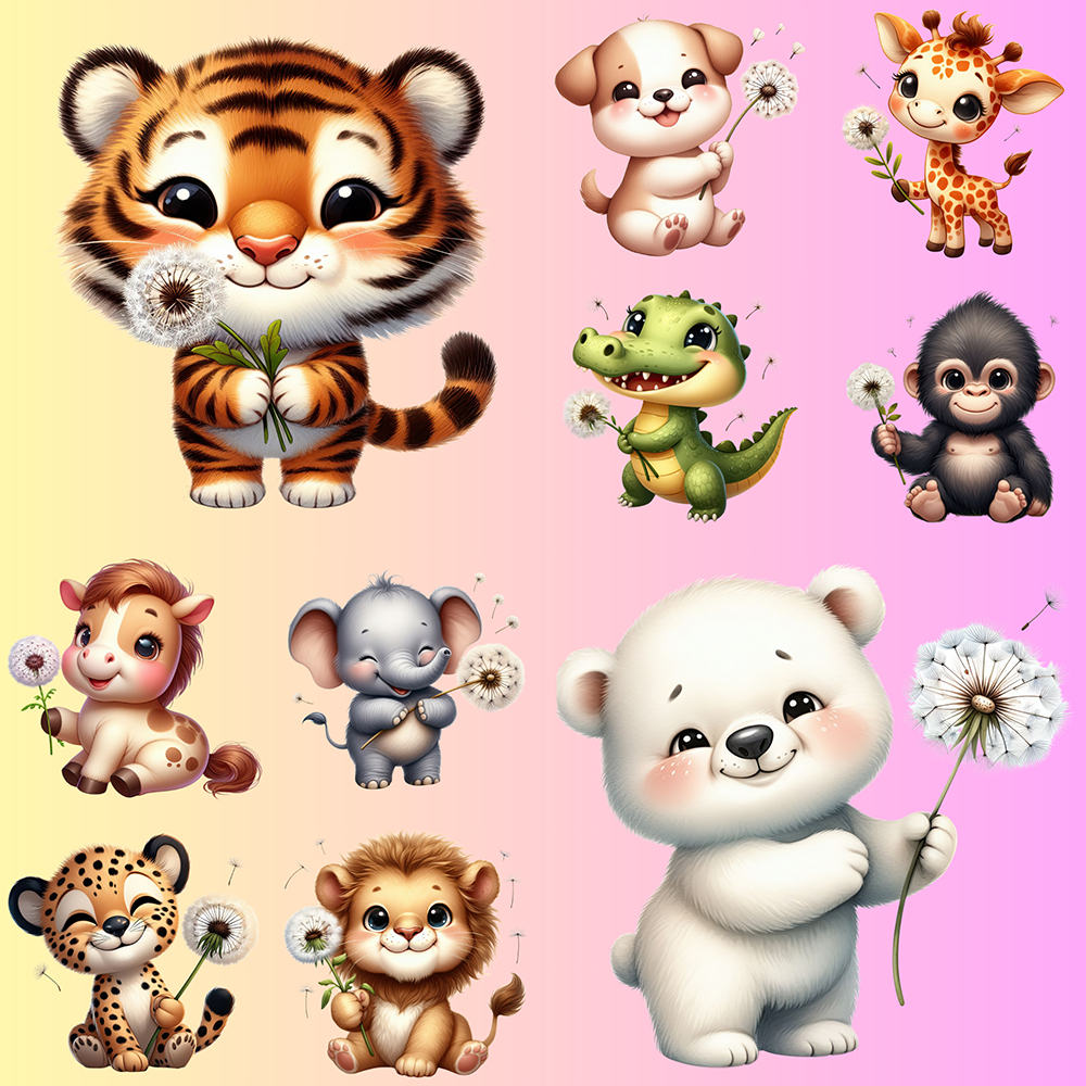 ตัวรีดติดเสื้อ  (F.291)การ์ตูนรูปสัตว์ตัวน้อยน่ารักถือดอกปุยเฆม   รีดติดง่ายทุกเนื้อผ้า DIY Patches