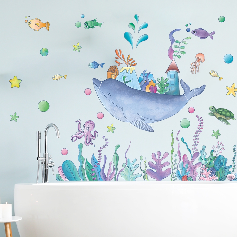 สติ๊กเกอร์ลายทะเล ลายสัตว์โลก สัตว์น้ำใต้ทะเล ลายโลมา สําหรับติดตกแต่งผนังห้อง ตกแต่งห้องเด็ก สติ๊กเกอร์ติดผนัง LD96007