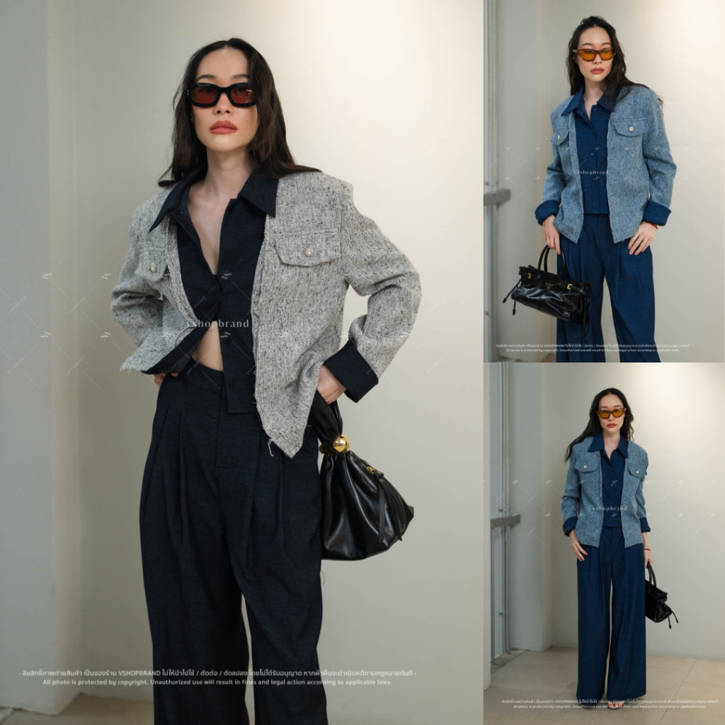 พร้อมส่ง Set เสื้อแขนยาวผ้าทอต่อเชิ้ตด้านใน + กางเกงขายาว งานป้ายVshop