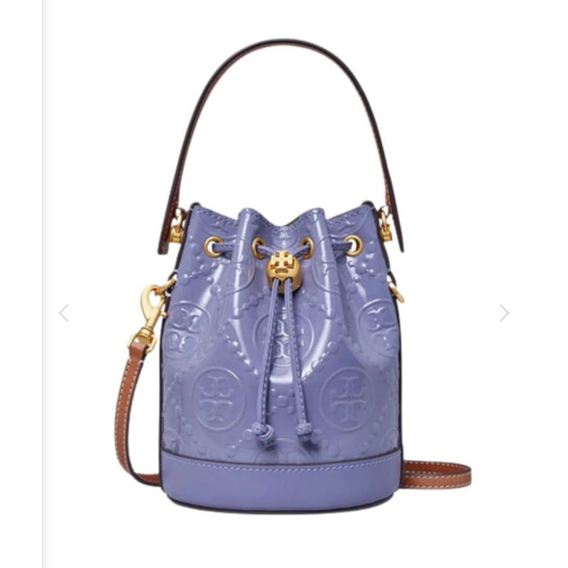 กระเป๋า Tory Burch T Monogram Embossed Mini Bucket bag Dark Lotus มือ2 ของแท้ 100%