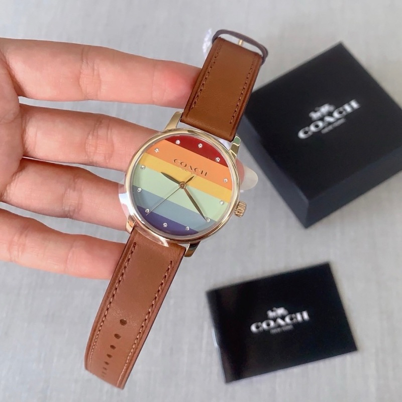 นาฬิกา COACH Rainbow Dial Brown Leather Strap Ladies Grand Watch 14503971 หน้าปัด 36 mm สายหนังสีน้ำ