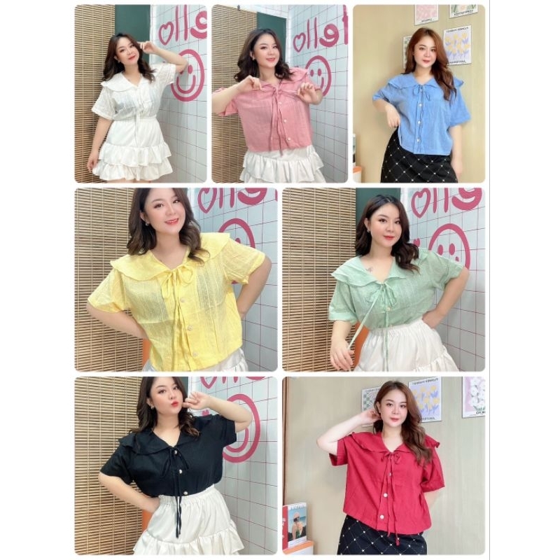 เสื้อสาวอวบ แต่งปก ผูกโบว์ ติดกระดุมมุก ผ้าคอตตอนดอบบี้ปักลายในตัวผ้าขนาดฟรีไซส์ หน้าผ้า 50 นิ้ว รอบอก 42-48 นิ้ว