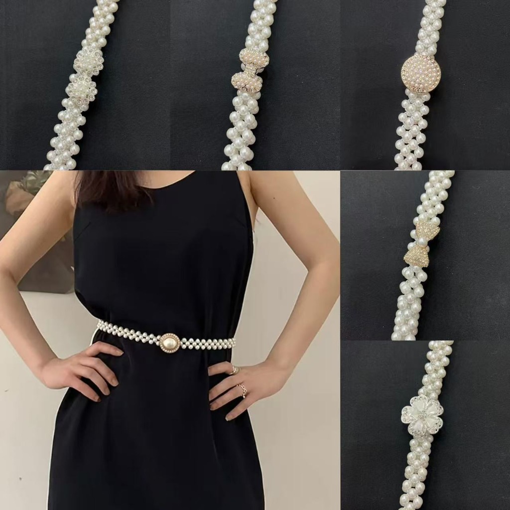 Fashion Jewele แฟชั่น เข็มขัดไข่มุก เข็มขัดดอกไม้ทอโซ่มุก ยืดหยุ่น สำหรับผู้หญิง