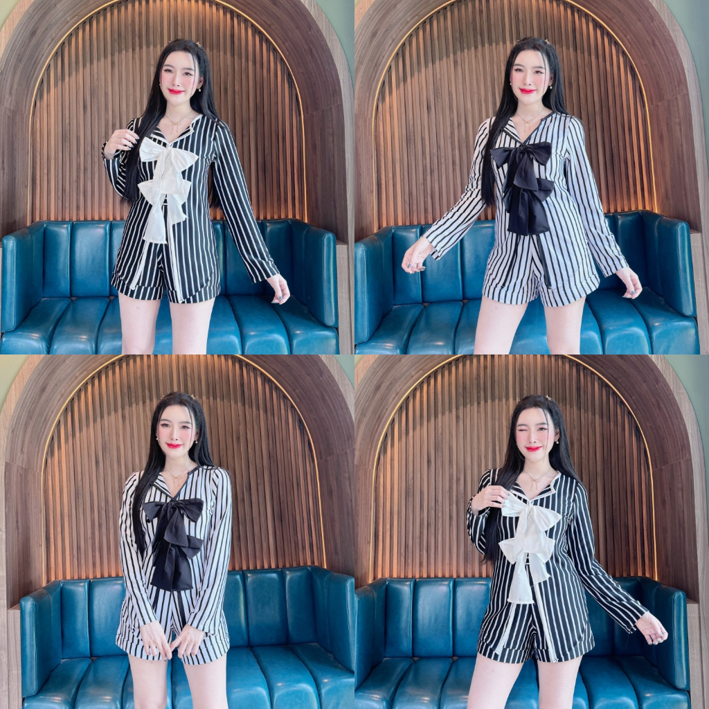สินค้าพร้อมส่ง ชุดเซตผ้าแมงโก้ เสื้อแขนยาวแต่งโบว์หน้าผ่าหน้า+กางเกงเอวเรียบ (A6) A4701