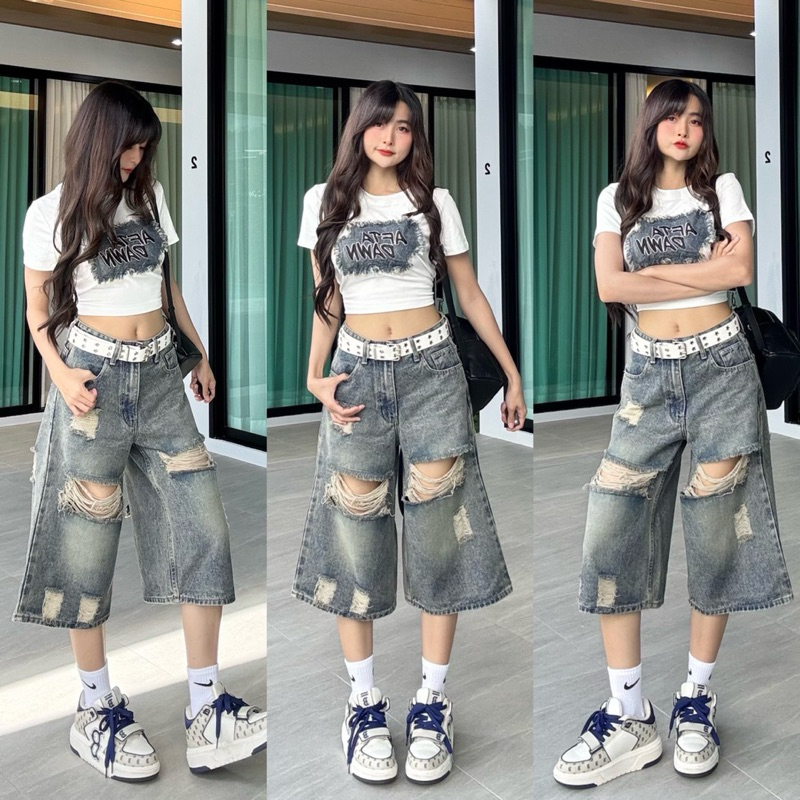 Wana.Outfits - Wondo Jeans กางเกงขาสั้นคลุมเข่า แต่งขาด