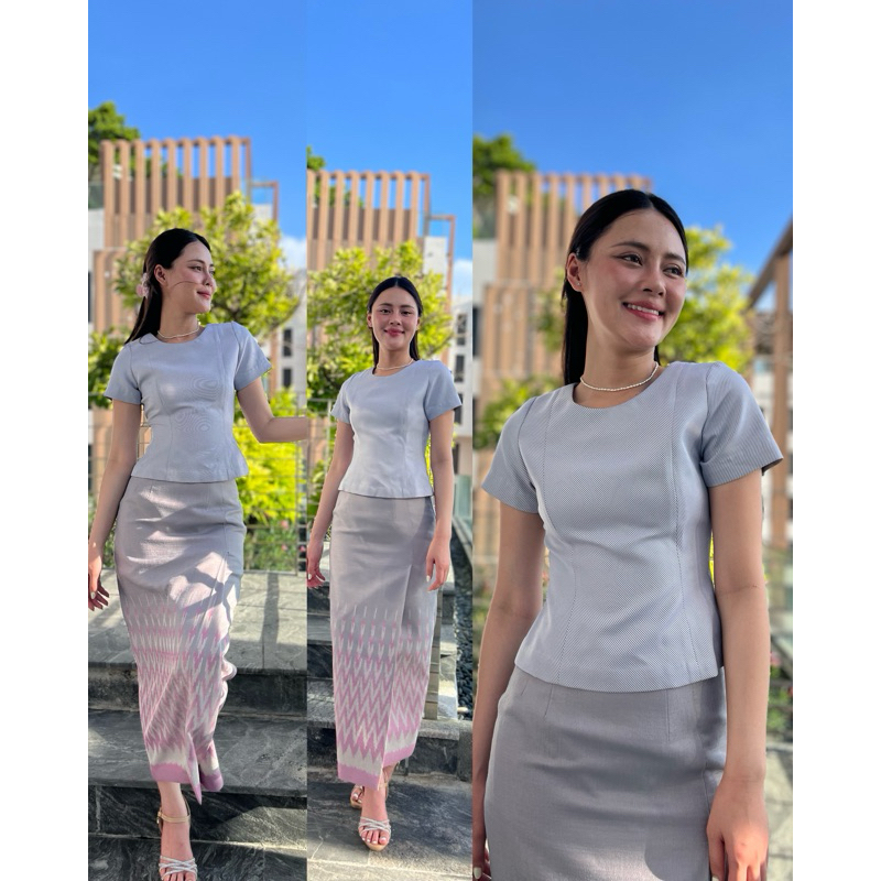 อัพลุคสวยชุดเซ็ตไทยสไตล์ รุ่น: มาลินีเซ็ต-โทนครีมเขียว-ส้ม