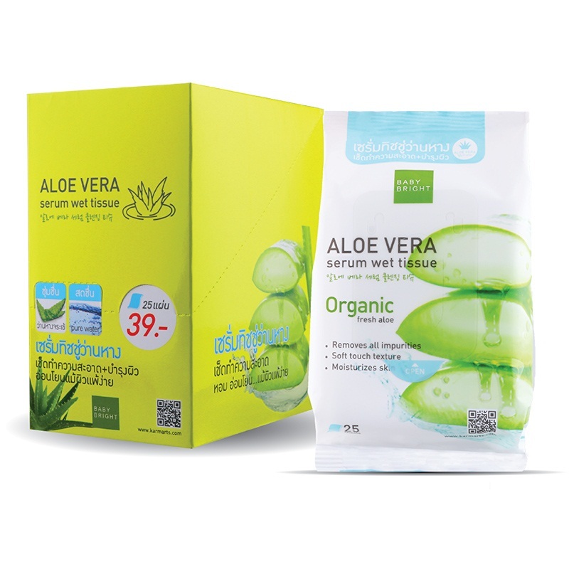 Baby Bright อโลเวร่าเซรั่มเว็ททิชชู่ 25แผ่น Baby Bright Aloe Vera Serum Wet Tissue 25 Sheets