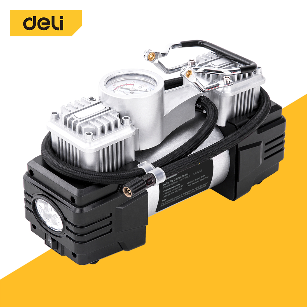 Deli ปั๊มลมไฟฟ้า ที่สูบลมไฟฟ้า มีไฟ วัดความดันได้ ที่เติมลม พกพา 100W 160W Air Compressor Pump