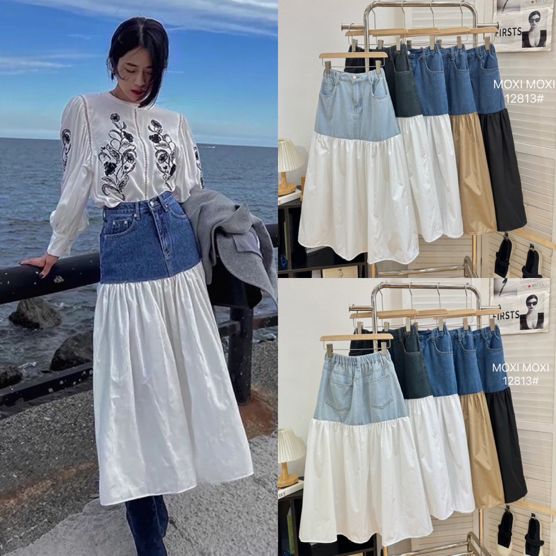 Lady_jeans#12813(H)กระโปรงยาว เอวยืด ผ้ายีนส์ด้านบน ดีเทลต่อระบายผ้าร่มสีพื้นด้านล่าง สวยมากรุ่นนี้