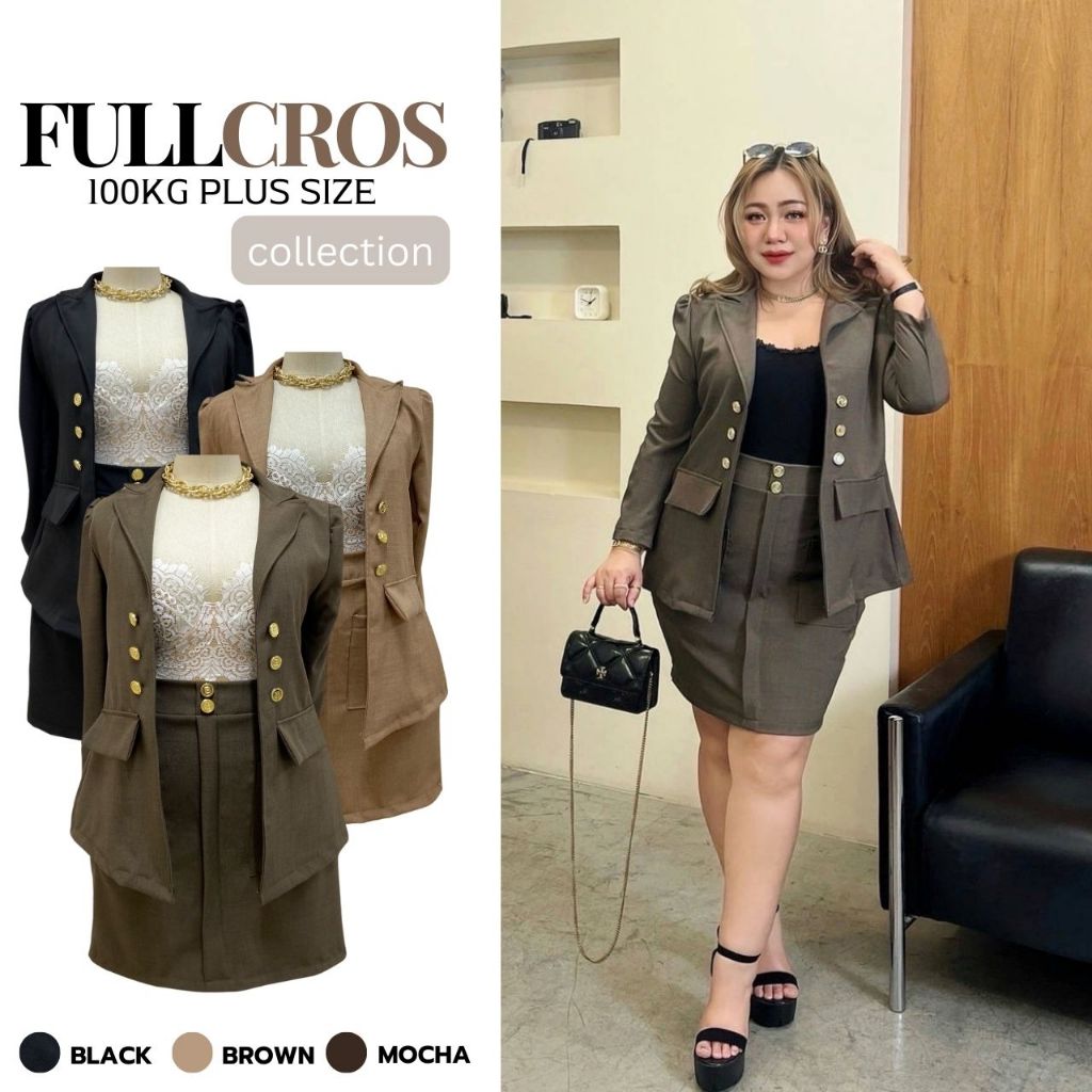 Plus size ชุดเซ็ท2ชิ้นใส่ไปทำงาน เสื้อเบลเซอร์แขนยกทรงตุ๊กตากระดุมแต่ง+กระโปรงกางเกง รุ่น ฟูลคอส(A)
