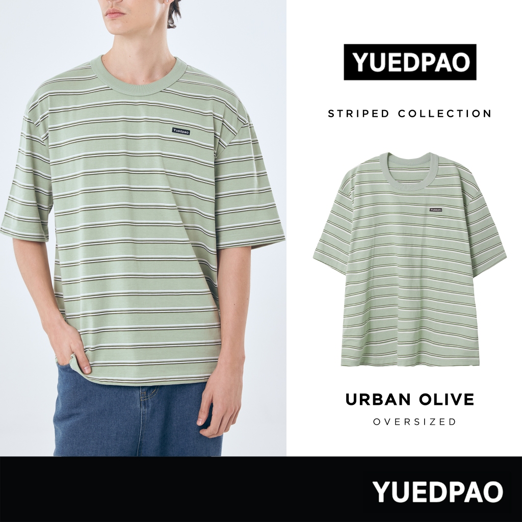 Yuedpao เสื้อยืด Oversized Striped รับประกันไม่ย้วย 2 ปี ผ้าหนาทรงสวย ยับยากรีดง่าย เสื้อยืดสีพื้น สี Urban Olive
