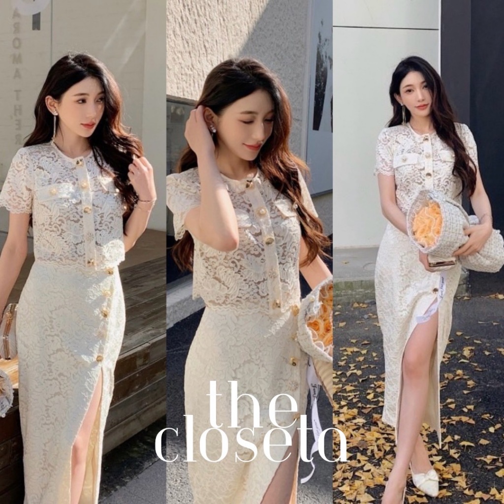 THE CLOSETA : LB298 ชุดเซ็ตลูกไม้เสื้อคอกลมกระดุมหน้า+กระโปรงทรงสอบผ่าข้าง สวยหรูสุดๆ