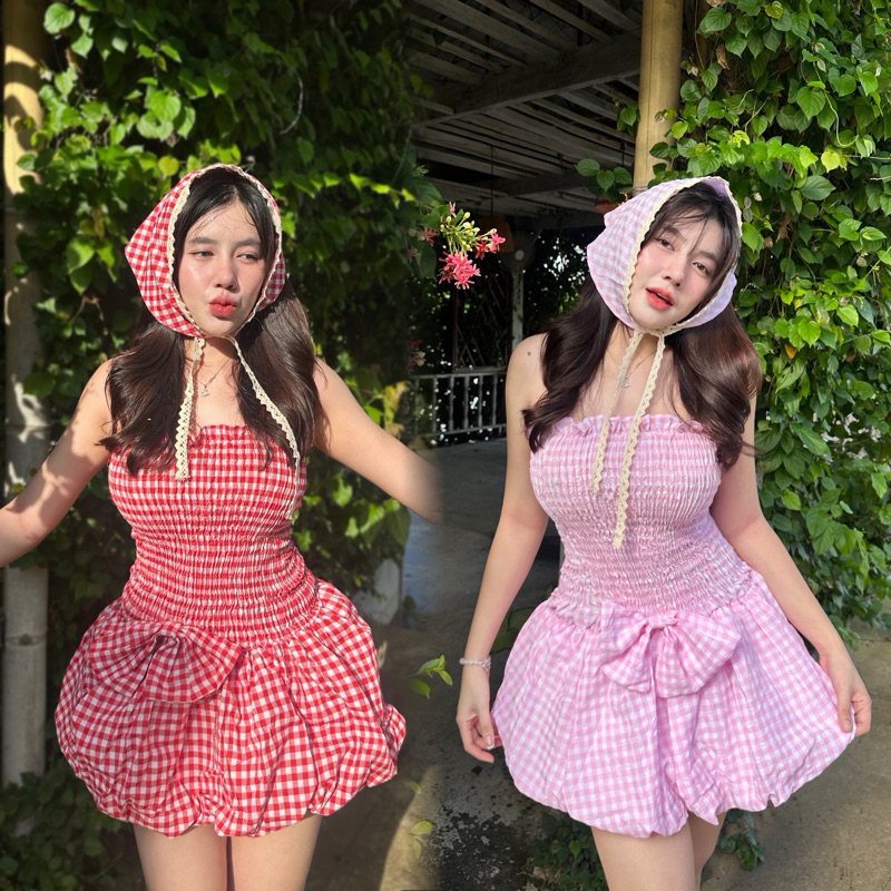 MiniDress สม็อคอกทรงบอนลูนติดโบว์ใหญ่ + ผ้าโพก(สก็อต)