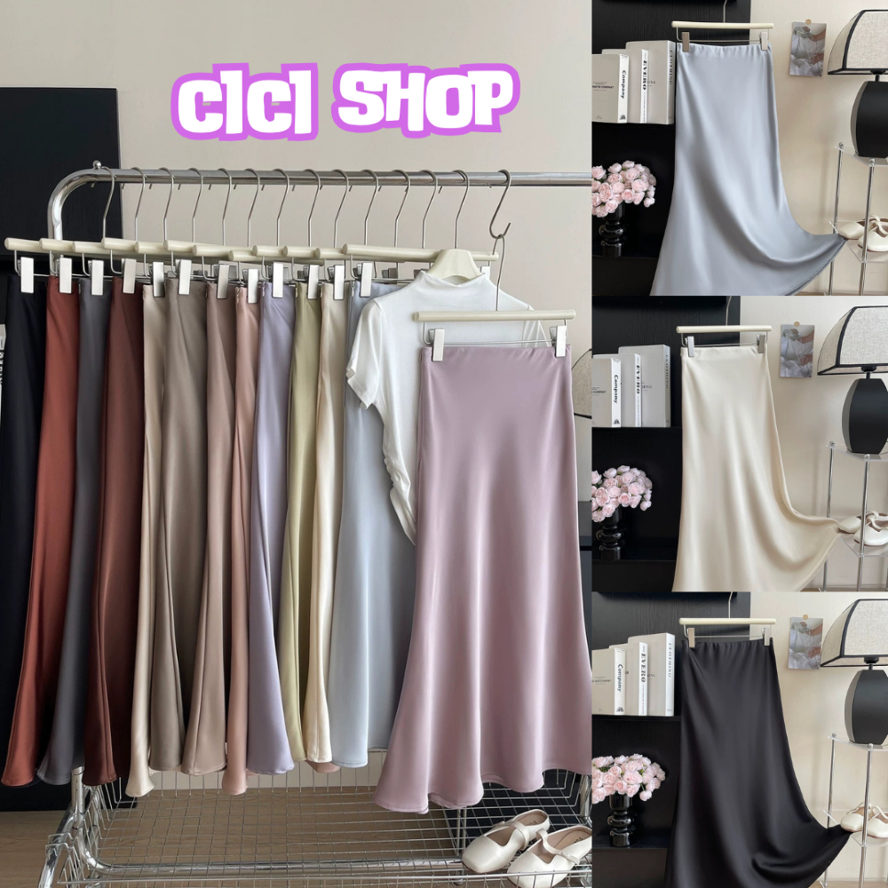 Cicishop(1201สุ่มสี) Sale ราคาพิเศษกระโปรงยาวซาตินทรงหางปลา ดีเทลเอวยางยืดซิปด้านข้าง สไลต์เกาหลี